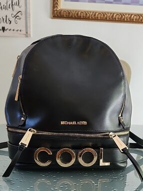 Michael Kors Rhea Black Leather Mini Backpack with Gold Hardware
